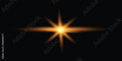 Png gold star light, sparkle. Yellow light effect. Shining light with yellow gold color. Png spotlight spark.Vector transparent sunlight special lens flare light effect