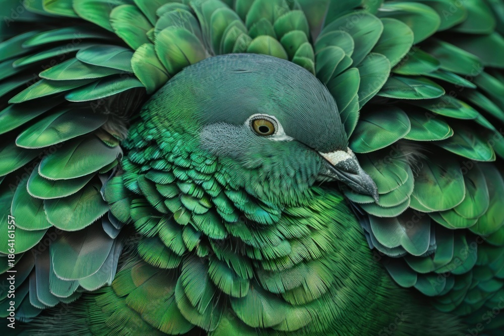 Fototapeta premium Close up portrait of a nicobar pigeon showcasing its vibrant iridescent green and grey feathers