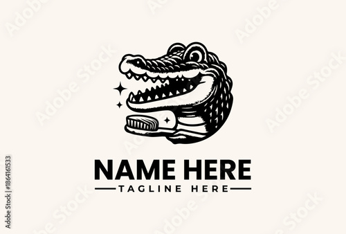 Black and white illustration of a crocodile head with sharp teeth and stars, serving as a customizable logo or icon with space for a name and tagline on a plain background.
