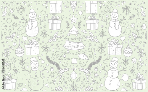 A vibrant, flat vector illustration with a playful and festive Christmas theme, rendered in a stark white silhouette against a rich, solid crimson background. The composition is a joyful, scattered.