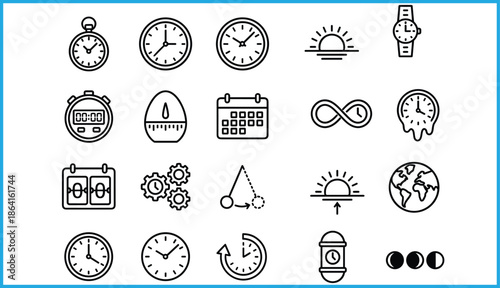 Set of 20 black line icons for time, measurement, and celestial events including clocks, moon phases, and infinity for vector illustration content