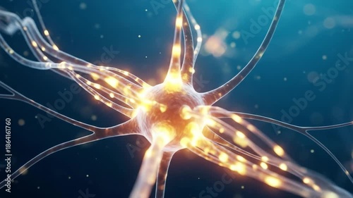 Detailed illustration of a neuron with glowing synapses, set against a dark blue backdrop.