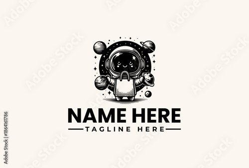Black and white illustration of a dog's head wearing a spacesuit, surrounded by spheres and dots, with a placeholder text for 'NAME HERE' and 'TAGLINE HERE' on a plain beige background.