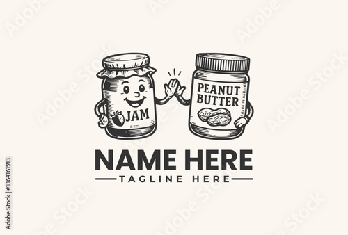 A vector illustration of a smiling jam and peanut butter jar holding hands with a template for a logo or icon on a clean background.
