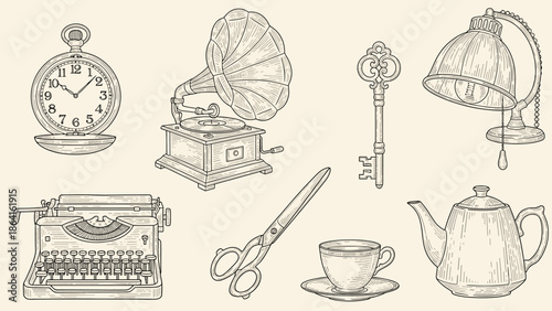 Vintage objects collection pocket watch gramophone typewriter and more