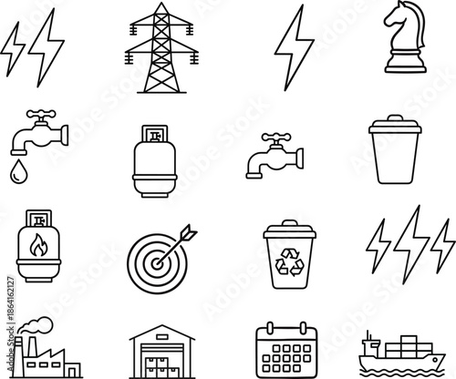 Set of 20 black line icons for utilities, infrastructure, and strategy including electricity, water, logistics, and planning for vector illustration content
