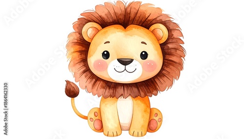 Cute cartoon lion cub sitting and smiling with a fluffy mane.