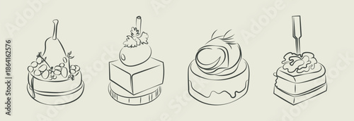 Finger food vector drawings. Food appetizer and snack sketch. Canapes. Suitable for banner, poster, label, menu, flyer. Food
