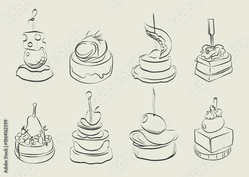 Finger food vector drawings. Food appetizer and snack sketch. Canapes. Suitable for banner, poster, label, menu, flyer. Food