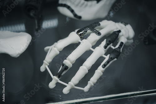 3D printed prosthetic hand model with titanium implants, metal plates, screws integrated into skeletal structure for orthopedic medical reconstruction Skeleton with black titanium fixation plates 