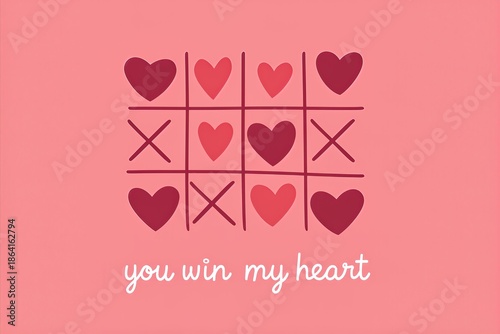 Playful design featuring tic-tac-toe game with hearts and text 'you win my heart' on soft pink background