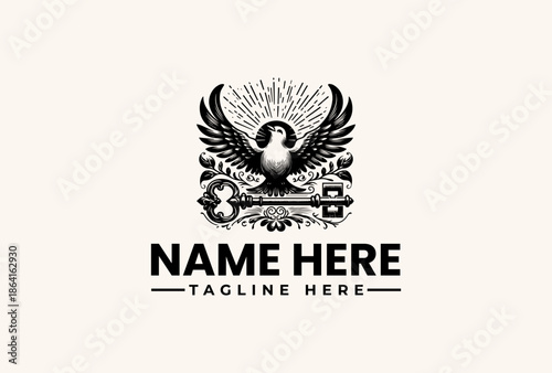 Black and white illustration of a winged emblem with a bird, surrounded by ornate designs and text placeholders for a logo or icon on a beige background.