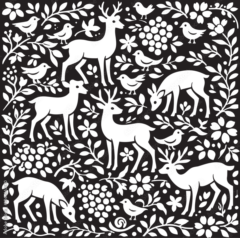 Fototapeta premium Seamless folk art woodland pattern with deer and birds Black and white forest animals floral vector background