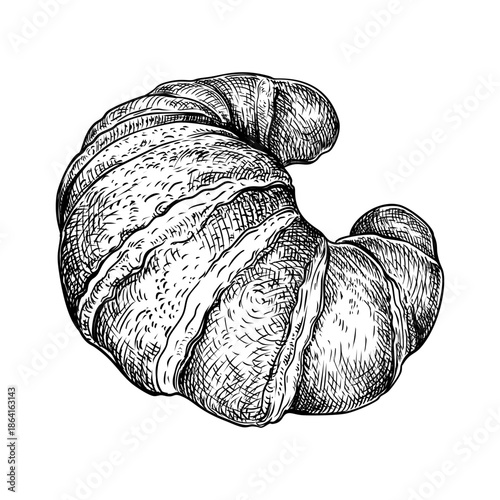 Vector illustration of a Croissant. Hand drawn sketch of French Viennoiserie in a crescent shape made from a laminated yeast dough. Sweet baked breakfast pastries. Food menu design element