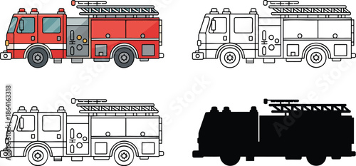 Fire truck silhouette & Outline and illustration set isolated on transparent background