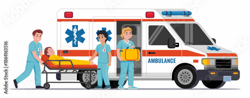 An ambulance team is seen working together to assist a patient in need, showcasing the teamwork and dedication of emergency medical professionals in critical situations.