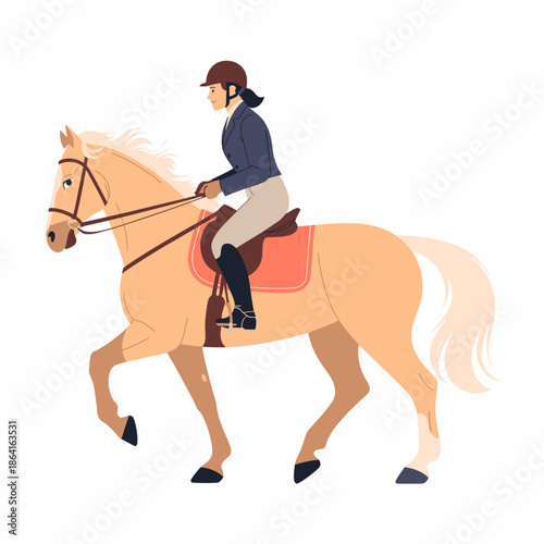 A woman in equestrian attire rides a beautiful golden horse, showcasing the elegance and skill involved in horseback riding within an outdoor setting.