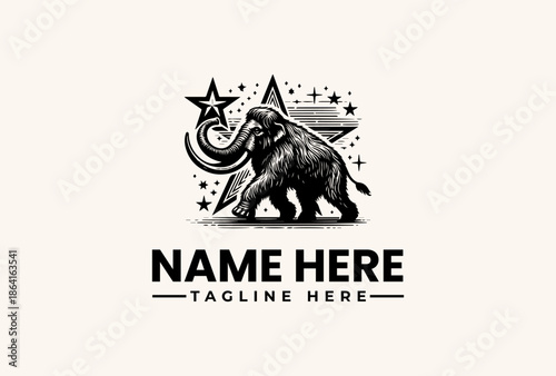 A black and white illustration of a mammoth with a star, crescent moon, and airplane in a stylized logo design on a beige background.