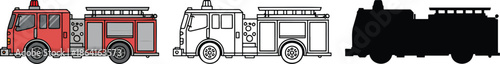 Fire truck silhouette & Outline and illustration set isolated on transparent background
