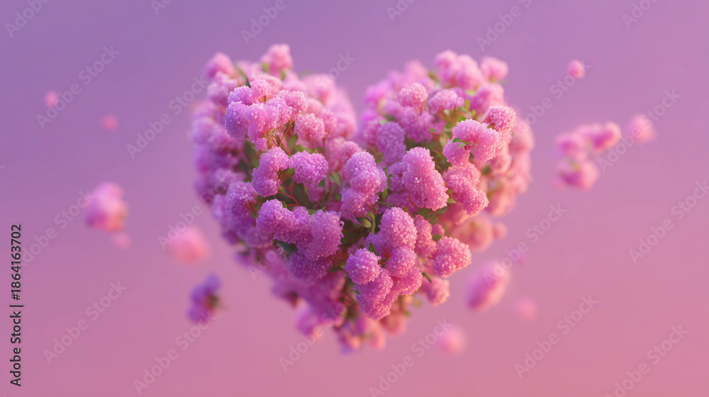 Obraz premium Delicate pink blossoms arranged heart on pastel background, romantic spring floral composition symbolizing love and tenderness, perfect for valentines day greeting cards and wedding 