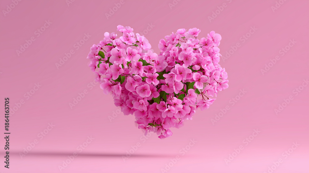 Obraz premium Delicate pink blossoms arranged heart on pastel background, romantic spring floral composition symbolizing love and tenderness, perfect for valentines day greeting cards and wedding 