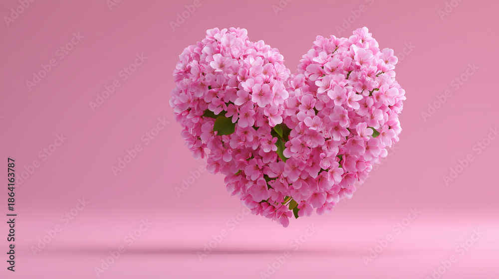 Obraz premium Delicate pink blossoms arranged heart on pastel background, romantic spring floral composition symbolizing love and tenderness, perfect for valentines day greeting cards and wedding 