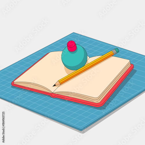 An aesthetically pleasing arrangement of stationery on a desk, showcasing creativity and organization with a notebook, pencil, and an eye-catching bottle.