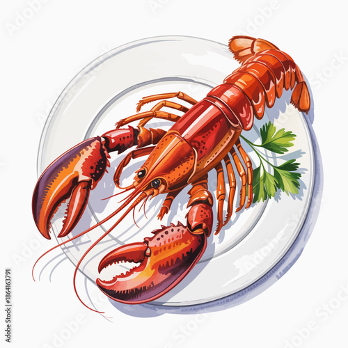 This captivating image displays a freshly cooked lobster elegantly arranged on a plate and garnished with green herbs, epitomizing a lavish seafood dining experience.