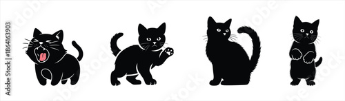 Four Black Cats in Various Poses, Cute and Playful Feline Friends