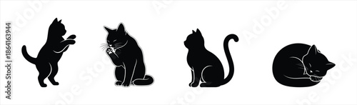 Stylized Black Cat Silhouettes Depicting Various Feline Poses and Daily Activities