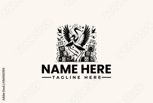 Black and white illustration of an eagle with outstretched wings surrounded by cityscape elements and text placeholder for a logo or icon on a plain background.