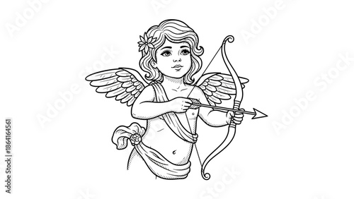 A cherub with wings holding a bow and arrow in a mythological illustration