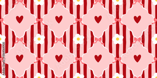 Seamless Valentines pattern with soft pink frames, red hearts, bows and small white flowers on striped background. Romantic decorative design for wrapping paper, textiles, stationery and gifts
