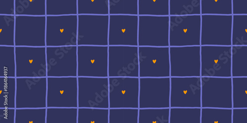 Seamless pattern with a soft hand-drawn grid and small orange heart accents on a deep blue background. Decorative repeat for textiles, wrapping paper, stationery and modern packaging