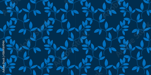 Seamless botanical pattern with stylized blue leaves and branches on a deep navy background. Elegant repeating design for textiles, wallpaper, wrapping paper and modern surface design