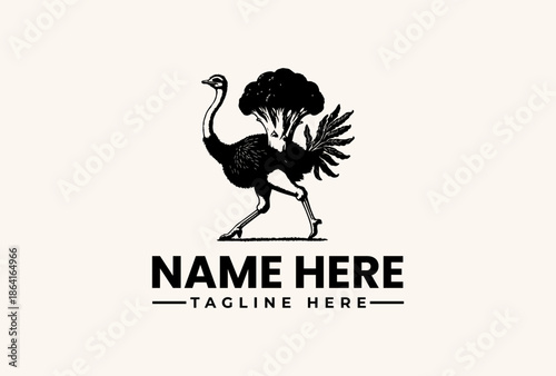 A black silhouette logo featuring an ostrich with spread wings standing behind a tree on a beige background with placeholder text for a name and tagline.