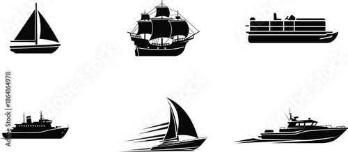 black silhouettes of various boats and ships on white background