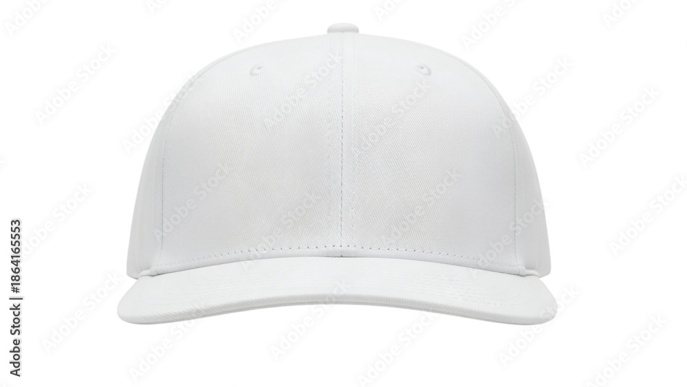 Fototapeta premium A pristine white cap, viewed from the front, showcasing its curved brim and rounded crown, isolated on a transparent background