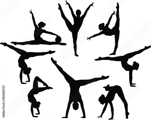 Gymnast silhouette vector, circular composition, rhythmic gymnastics, balance, flexibility, strength, split, handstand, arabesque, ball pose, sport, dance, motion, 