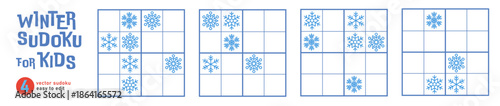 Winter Sudoku for Kids with Snowflakes, Logic Game Puzzle Vector Set