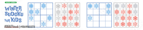 Winter Sudoku for Kids with Snowflakes, Logic Game Puzzle Vector Set