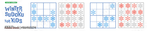 Winter Sudoku for Kids with Snowflakes, Logic Game Puzzle Vector Set
