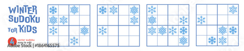 Winter Sudoku for Kids with Snowflakes, Logic Game Puzzle Vector Set