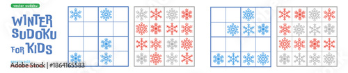 Winter Sudoku for Kids with Snowflakes, Logic Game Puzzle Vector Set