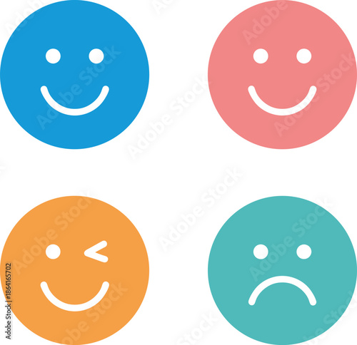 Set of colorful round solid smiley face icons with various expressions for feedback rating and social media communication.