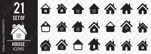 Variety of house icons in different styles and shades Black house icons, residential architecture symbols, urban planning elements, stylized homes, vector design, real estate graphics, modern housing.
