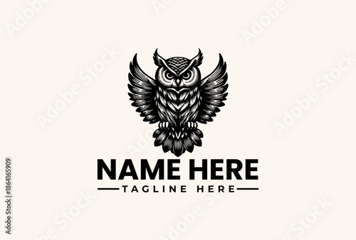 A black and white illustration of an owl logo with spread wings and placeholder text on a beige background, featuring a vector graphic design with an icon style.