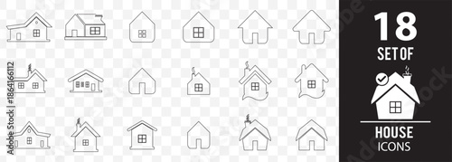 Vector set of house thin line icons in Stroke Home or House icons in line style. Real estate, home, building, apartment, homes, button, symbol On Transparent Background. EPS 10.