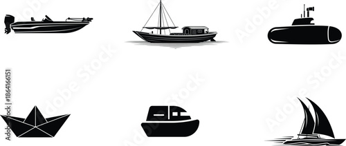 collection of boats and ships on white background
