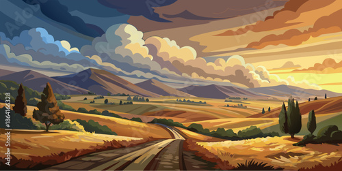 Stylized Autumn Road Trip Landscape with Endless Highway and Golden Fields